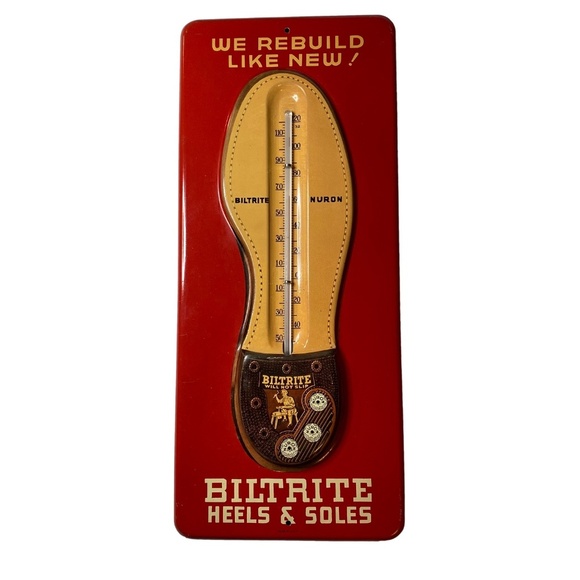 VINTAGE 1940'S BILTRITE NURON Heels & Soles Thermometer Tin by Robertson Sign Co - Picture 1 of 16